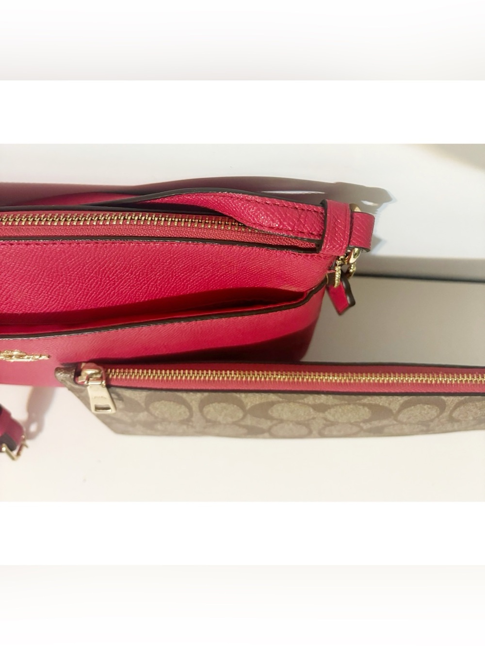 Coach Crossbody Purse Bag w/Pop-Up Pouch, Raspberry Purse, Tan/Brown Pouch - Picture 8 of 13